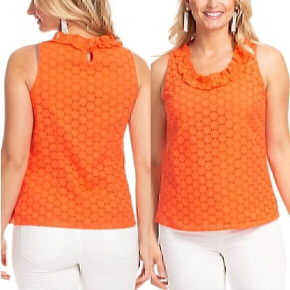 DUFFIELD LANE Rennie Top Coral Orange Eyelet Sleeveless 100% Cotton Tank Blouse - Picture 1 of 12